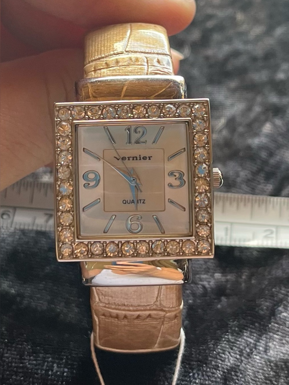 Vernier Gold-Tone Square Crystal Watch with Gold Leather Strap
